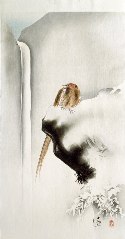 Een fazant op een klifrand, met een waterval op de achtergrond door Ohara Koson